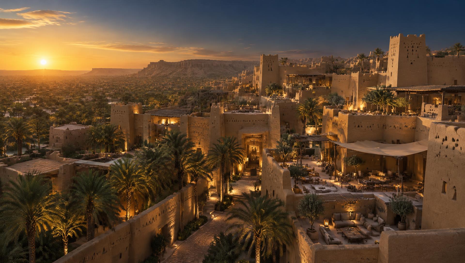 Illustrative Diriyah-inspired hospitality district at golden hour